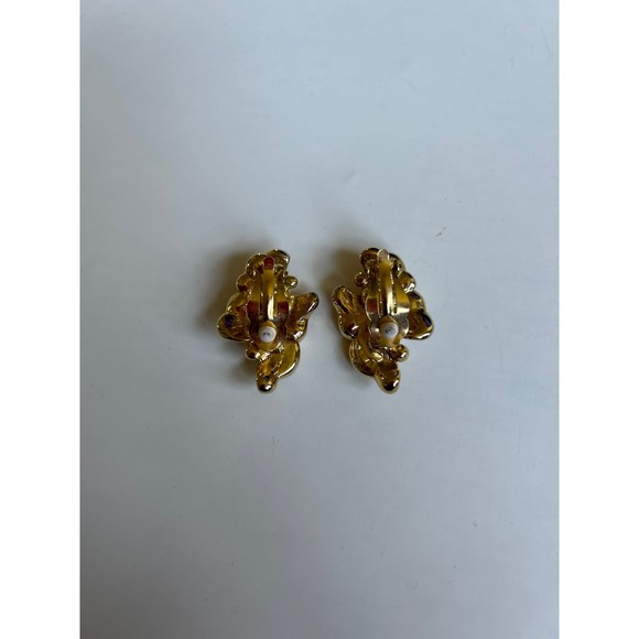 Vintage Gold Earrings Leaf Design with Pearls Zirconia clip on - Picture 6 of 7